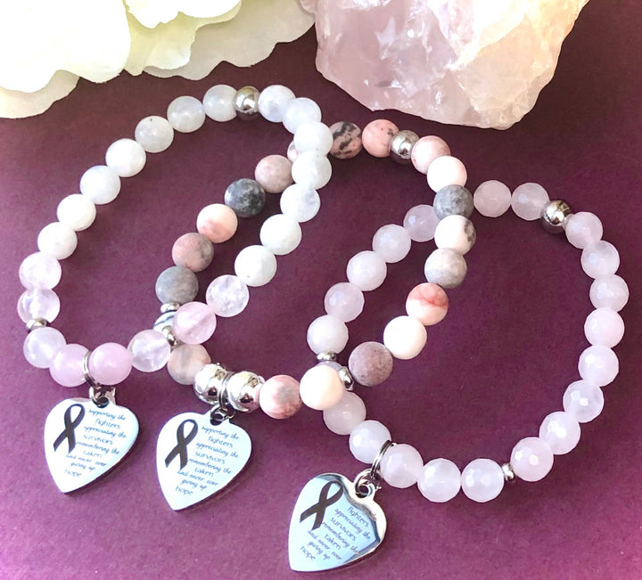 BREAST CANCER Support & Survivor- Gemstone Charm Bracelet-Stainless Steel- Choice of Style