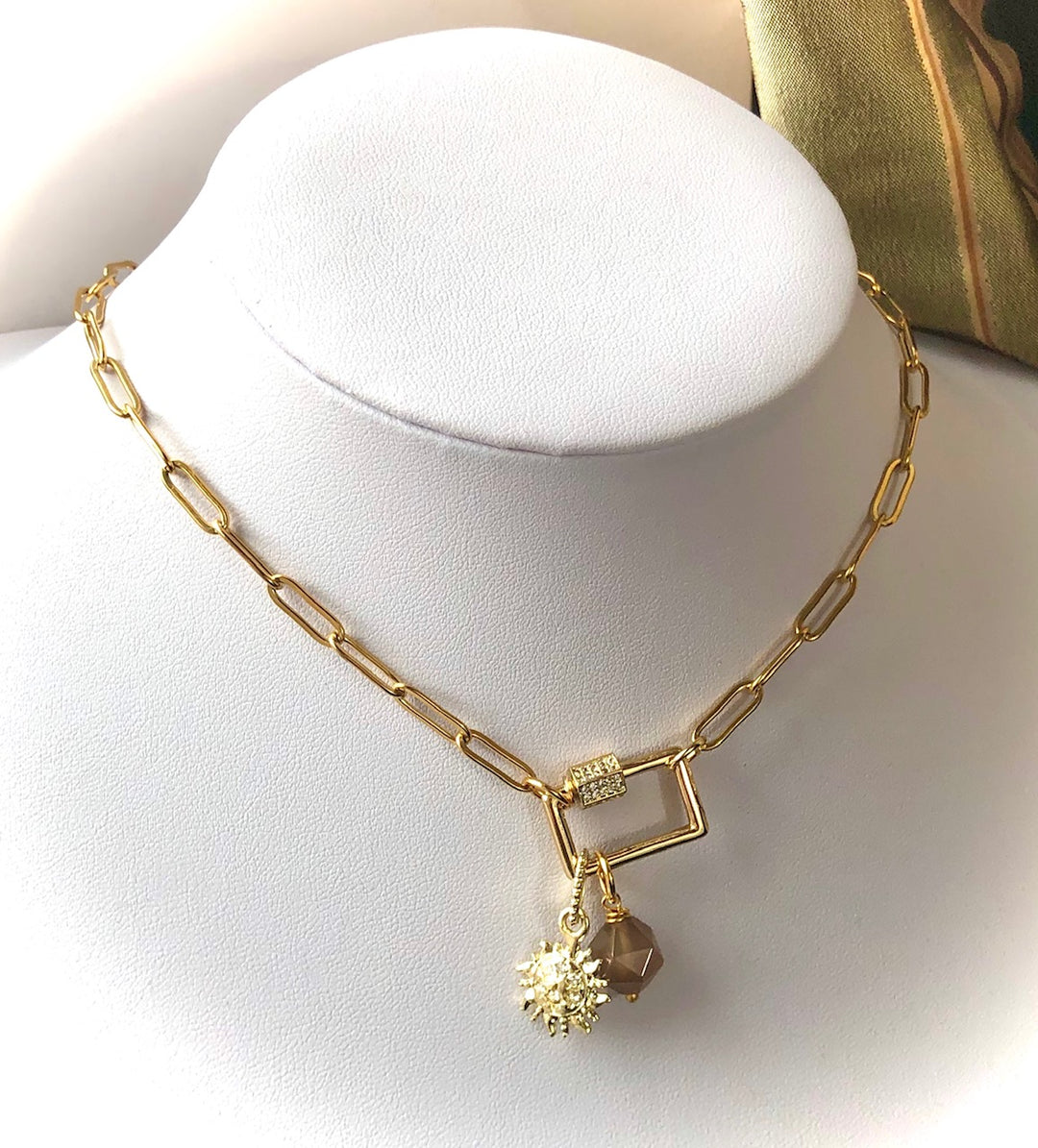 GOLD SUN- PAVÉ RECTANGLE CARABINER CHAIN & CITRINE NECKLACE - Stainless Steel Paperclip Chain- Oval Link Necklace