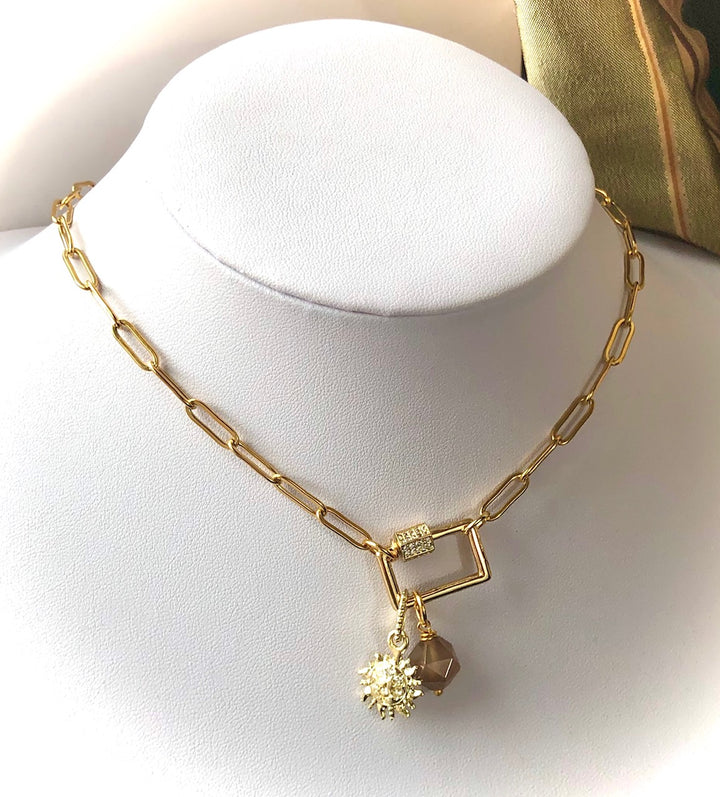 GOLD SUN- PAVÉ RECTANGLE CARABINER CHAIN & CITRINE NECKLACE - Stainless Steel Paperclip Chain- Oval Link Necklace