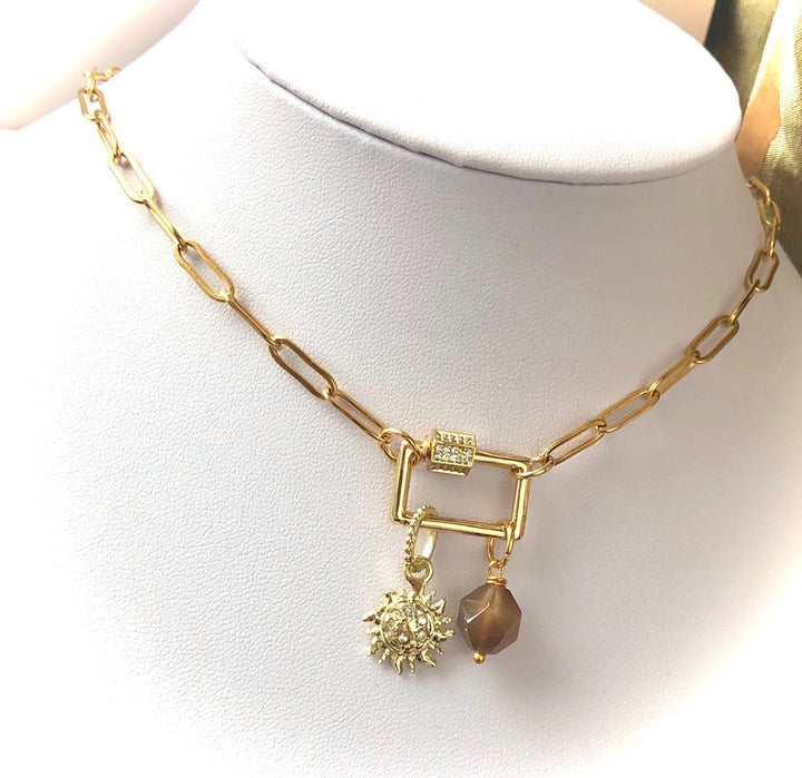 GOLD SUN- PAVÉ RECTANGLE CARABINER CHAIN & CITRINE NECKLACE - Stainless Steel Paperclip Chain- Oval Link Necklace