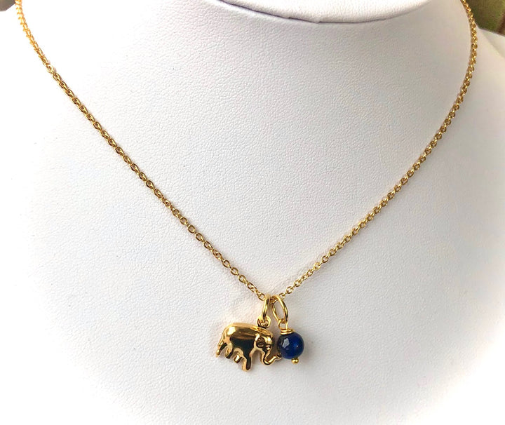 LUCKY GOLD ELEPHANT CHARM NECKLACE- Gemstone & Stainless Steel Necklace-Gold Chain- Choice of Gemstone