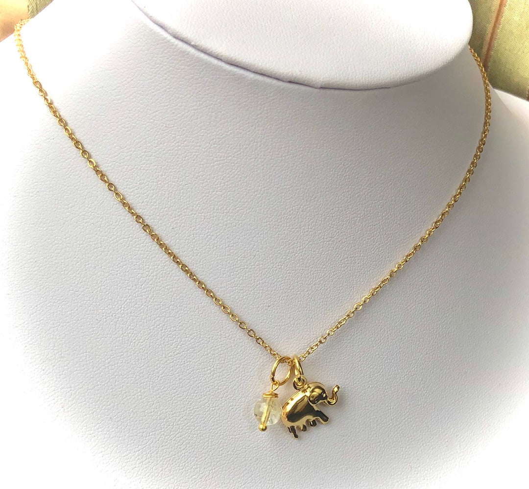 LUCKY GOLD ELEPHANT CHARM NECKLACE- Gemstone & Stainless Steel Necklace-Gold Chain- Choice of Gemstone