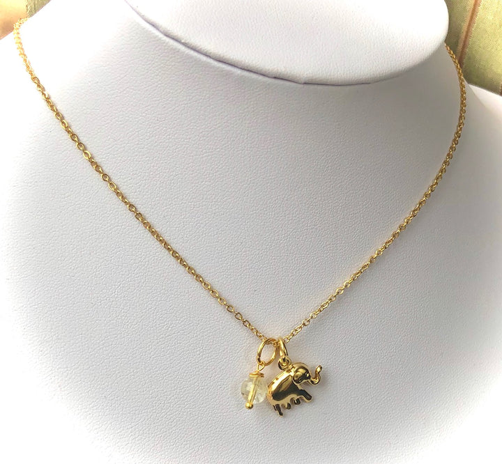 LUCKY GOLD ELEPHANT CHARM NECKLACE- Gemstone & Stainless Steel Necklace-Gold Chain- Choice of Gemstone