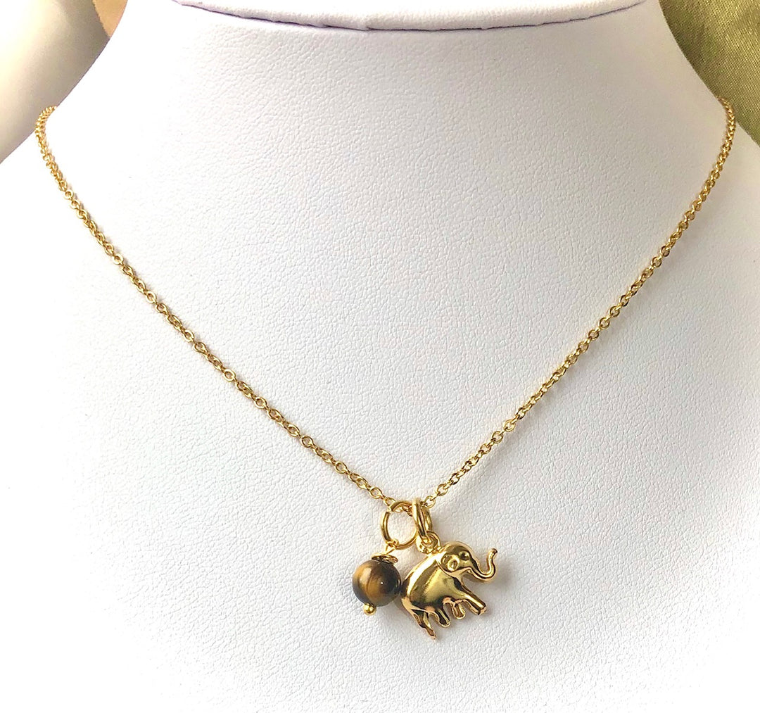 LUCKY GOLD ELEPHANT CHARM NECKLACE- Gemstone & Stainless Steel Necklace-Gold Chain- Choice of Gemstone