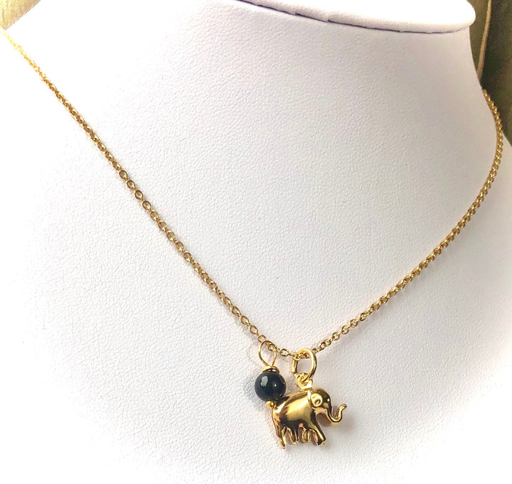 LUCKY GOLD ELEPHANT CHARM NECKLACE- Gemstone & Stainless Steel Necklace-Gold Chain- Choice of Gemstone