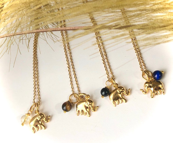 LUCKY GOLD ELEPHANT CHARM NECKLACE- Gemstone & Stainless Steel Necklace-Gold Chain- Choice of Gemstone