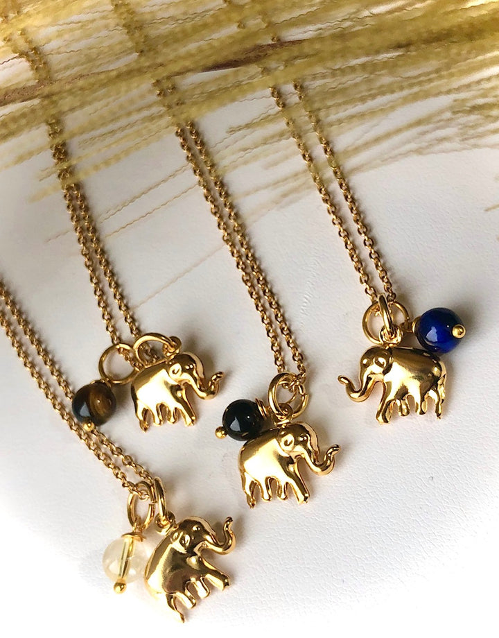 LUCKY GOLD ELEPHANT CHARM NECKLACE- Gemstone & Stainless Steel Necklace-Gold Chain- Choice of Gemstone