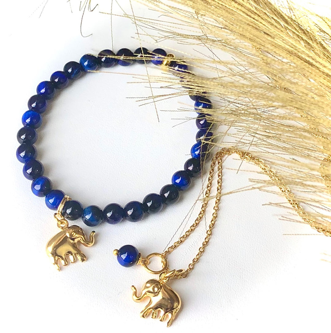 LUCKY GOLDEN ELEPHANT SET- Bracelet & Necklace SET- Gemstone and Stainless Steel SET- Choice of Gemstone SET