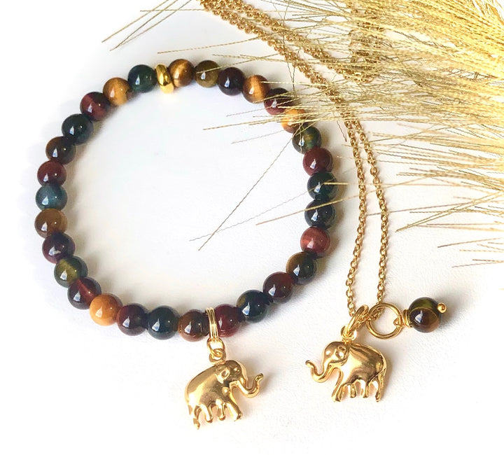 LUCKY GOLDEN ELEPHANT SET- Bracelet & Necklace SET- Gemstone and Stainless Steel SET- Choice of Gemstone SET