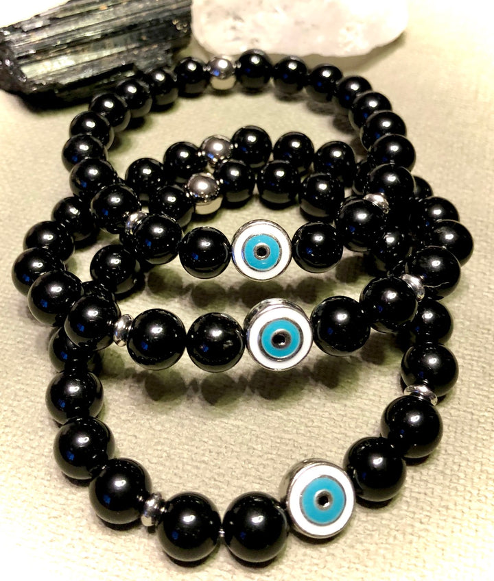 'Banish Negativity' - Unisex Black Tourmaline Evil Eye Bracelet- Protection Bracelet - Multiple Sizes Available