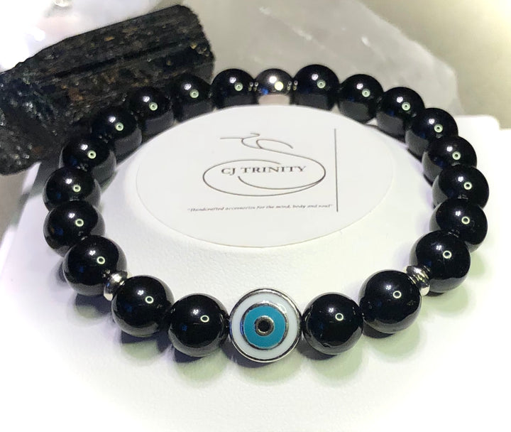 'Banish Negativity' - Unisex Black Tourmaline Evil Eye Bracelet- Protection Bracelet - Multiple Sizes Available