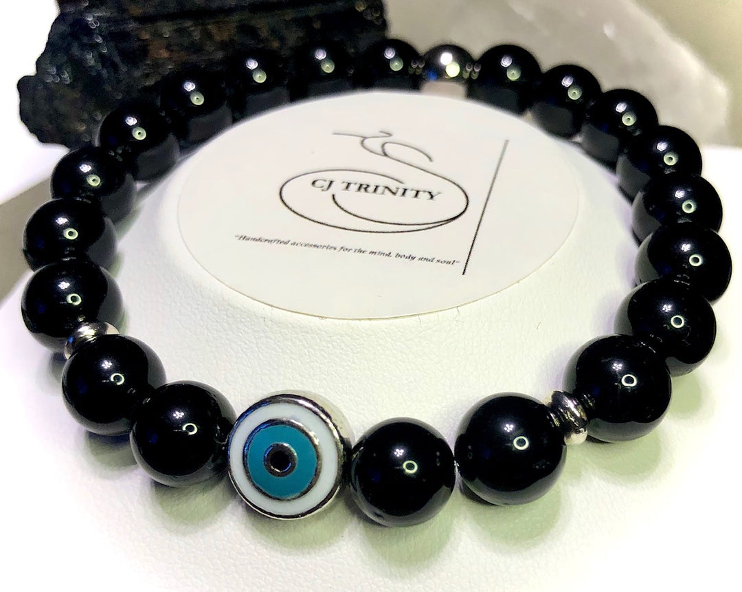 'Banish Negativity' - Unisex Black Tourmaline Evil Eye Bracelet- Protection Bracelet - Multiple Sizes Available
