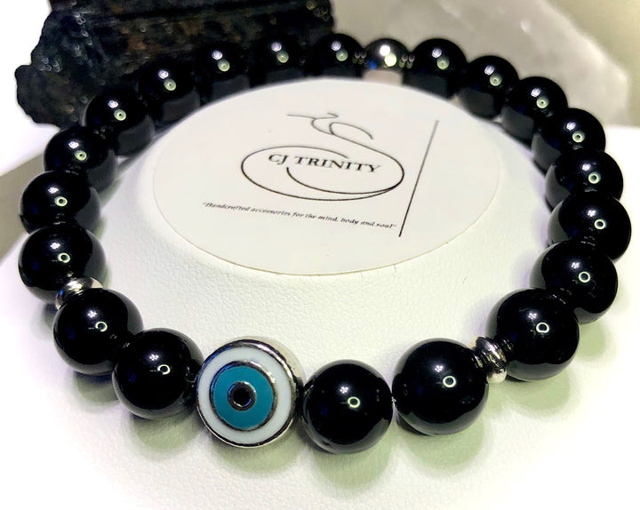 'Banish Negativity' - Unisex Black Tourmaline Evil Eye Bracelet- Protection Bracelet - Multiple Sizes Available