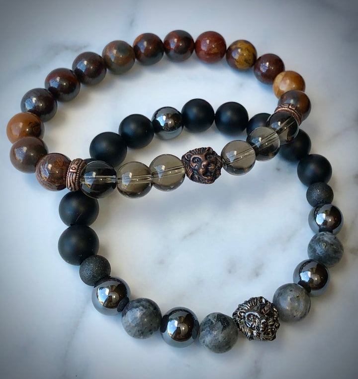 Men's Lion Head Gemstone Bracelet - 'Leadership, Strength & Courage' - Choice of Style