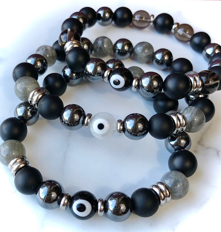 Men's Evil Eye Multi-Stone Protection Bracelet - Unisex Gemstone Bracelet- Choice of Style