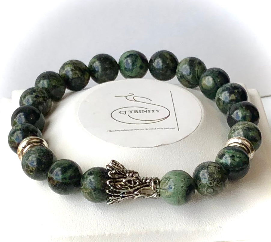 Men's Silver DRAGON HEAD Gemstone Bracelet - 'Perseverance, Prosperity & Strength' - Unisex Bracelets- Choice of Style