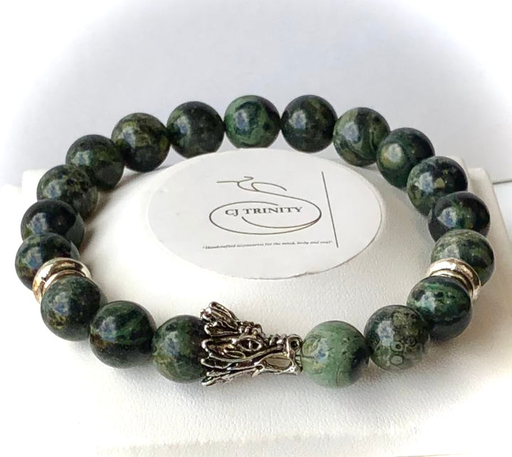 Men's Silver DRAGON HEAD Gemstone Bracelet - 'Perseverance, Prosperity & Strength' - Unisex Bracelets- Choice of Style