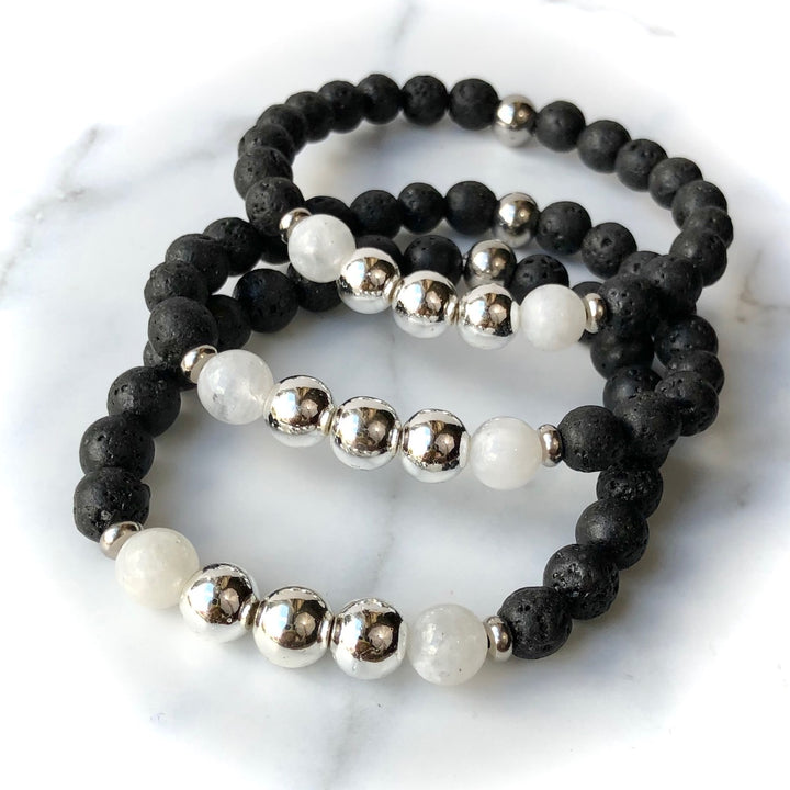 Ladies Diffuser Bracelet- SILVER HEMATITE, LAVA & MOONSTONE- Gemstone Diffuser Bracelet