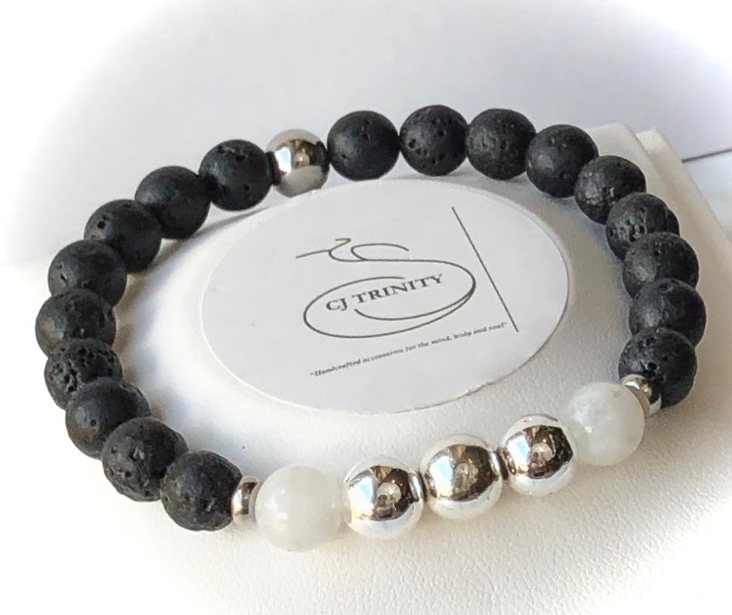 Ladies Diffuser Bracelet- SILVER HEMATITE, LAVA & MOONSTONE- Gemstone Diffuser Bracelet