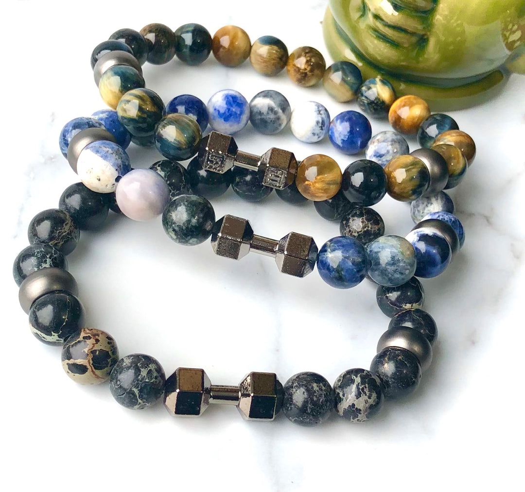 Men's WORKOUT WARRIOR- GUNMETAL DUMBBELL- Gemstone Bracelets- Unisex Bracelets- Choice of Gemstone
