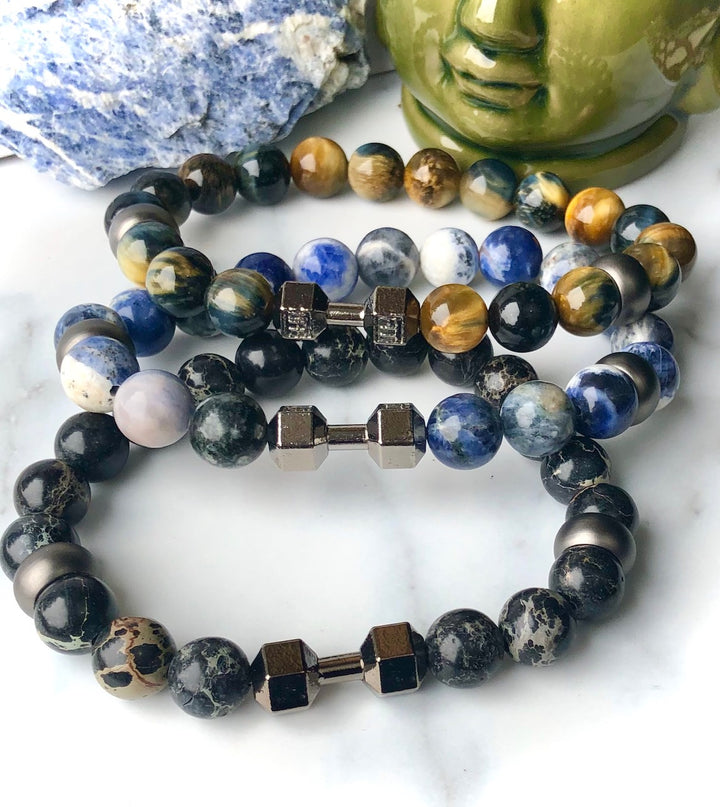 Men's WORKOUT WARRIOR- GUNMETAL DUMBBELL- Gemstone Bracelets- Unisex Bracelets- Choice of Gemstone