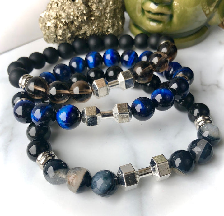 Men's WORKOUT WARRIOR - SILVER DUMBBELL Gemstone Bracelets- Unisex Bracelets- Choice of Gemstone