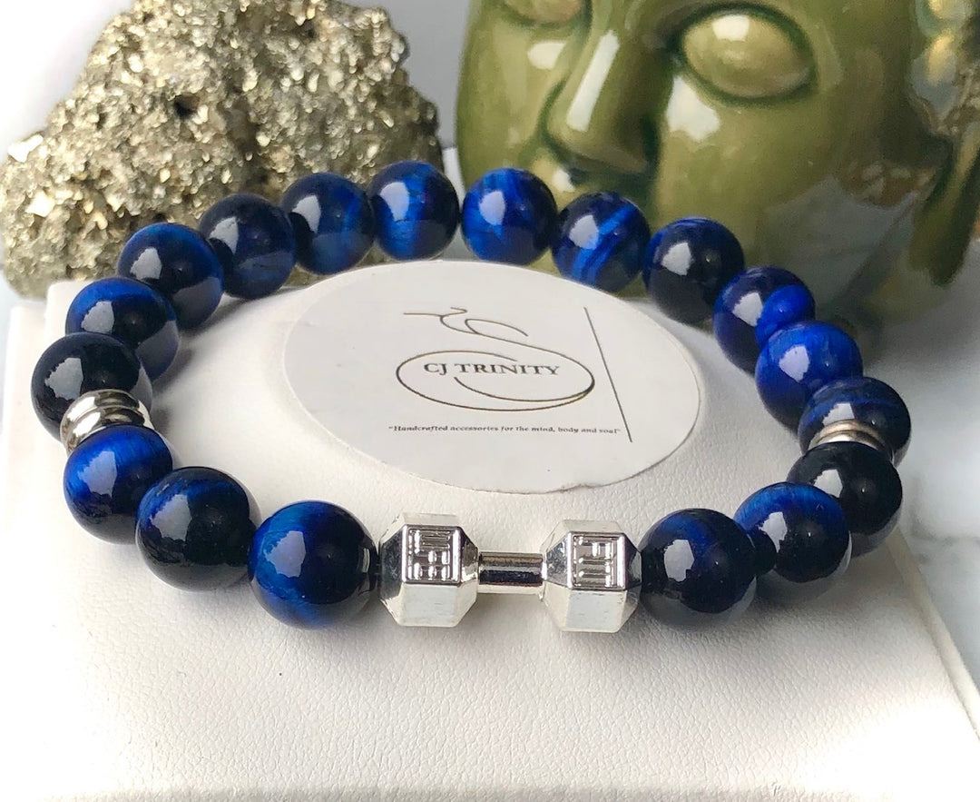 Men's WORKOUT WARRIOR - SILVER DUMBBELL Gemstone Bracelets- Unisex Bracelets- Choice of Gemstone