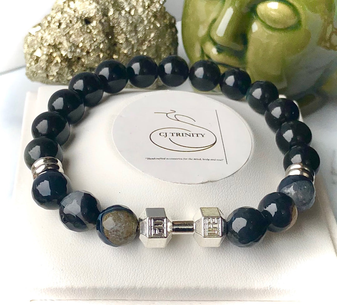 Men's WORKOUT WARRIOR - SILVER DUMBBELL Gemstone Bracelets- Unisex Bracelets- Choice of Gemstone
