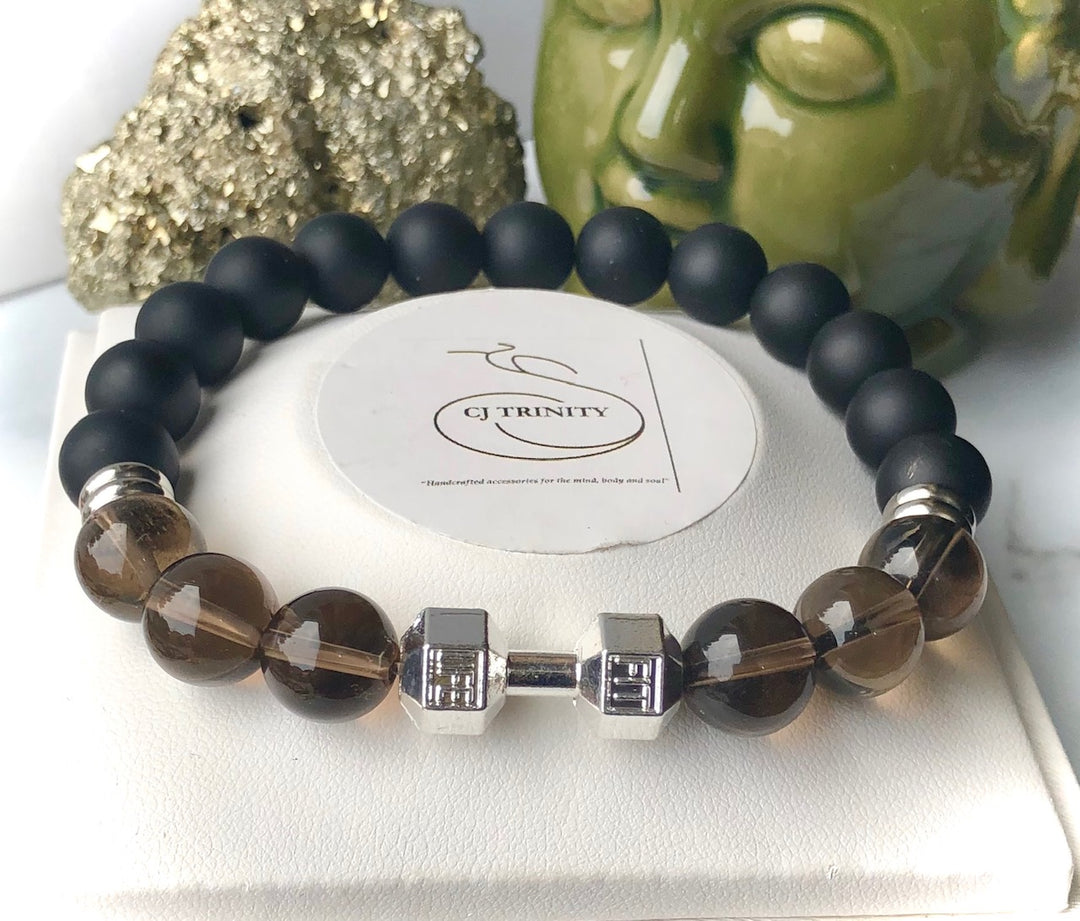 Men's WORKOUT WARRIOR - SILVER DUMBBELL Gemstone Bracelets- Unisex Bracelets- Choice of Gemstone