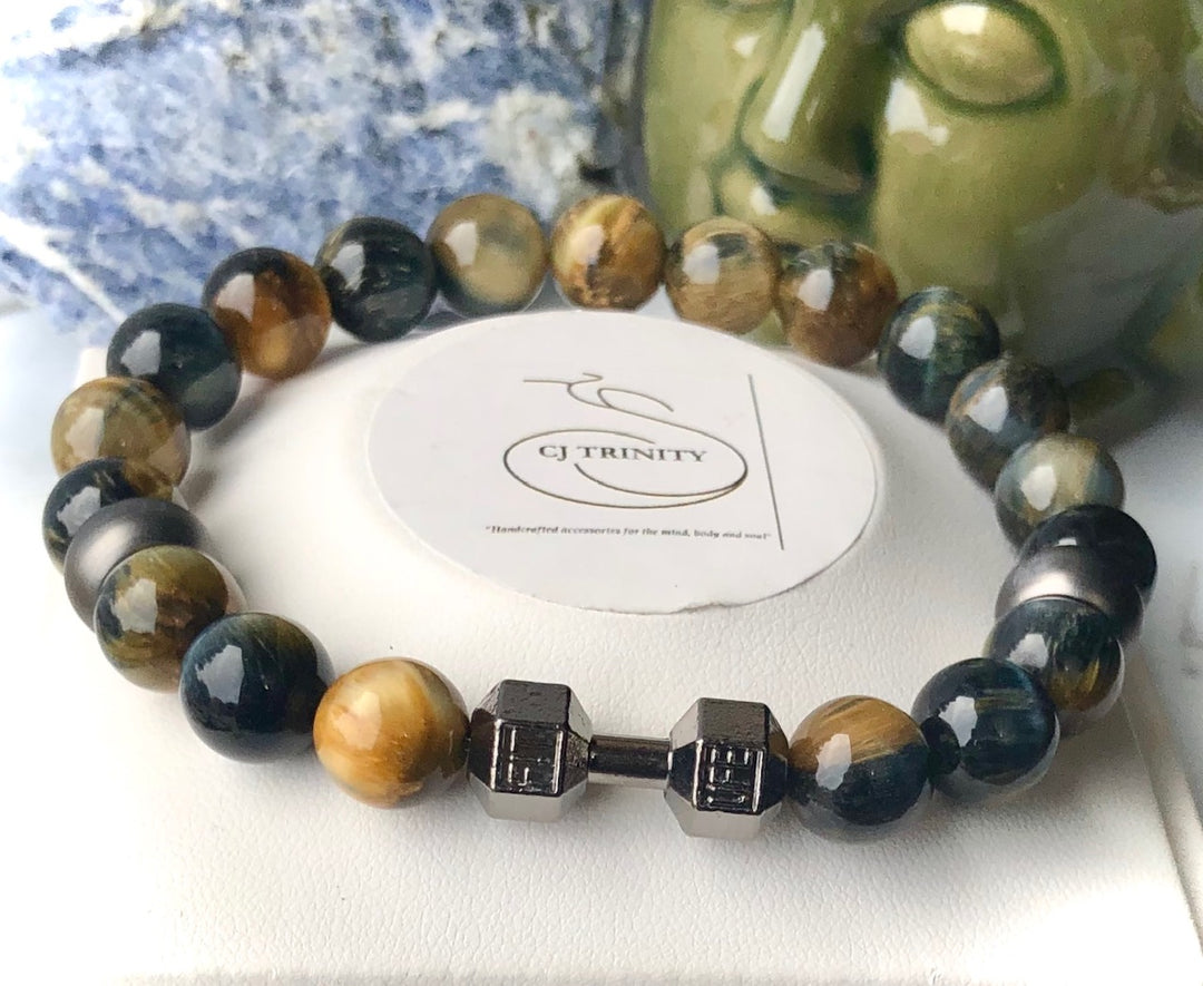 Men's WORKOUT WARRIOR- GUNMETAL DUMBBELL- Gemstone Bracelets- Unisex Bracelets- Choice of Gemstone