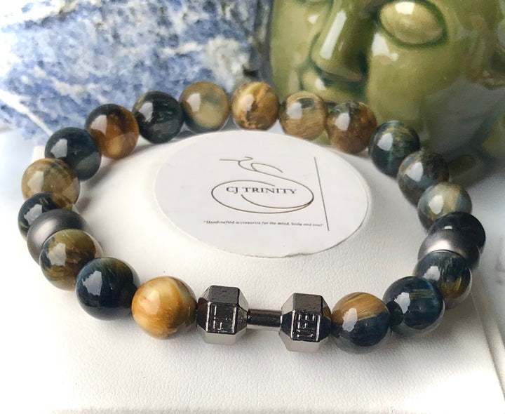 Men's WORKOUT WARRIOR- GUNMETAL DUMBBELL- Gemstone Bracelets- Unisex Bracelets- Choice of Gemstone