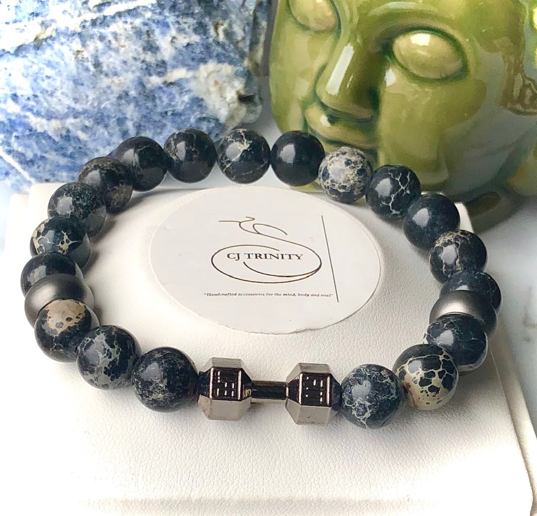 Men's WORKOUT WARRIOR- GUNMETAL DUMBBELL- Gemstone Bracelets- Unisex Bracelets- Choice of Gemstone