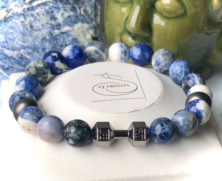 Men's WORKOUT WARRIOR- GUNMETAL DUMBBELL- Gemstone Bracelets- Unisex Bracelets- Choice of Gemstone