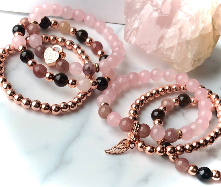 'ANGELIC LOVE'- Rose Gold Charm Bracelet SETS- Rose Gold Hematite, Rose Quartz, Smokey Quartz & Berry Quartz-Stacking Bracelet SET - Choice of Focal Charm