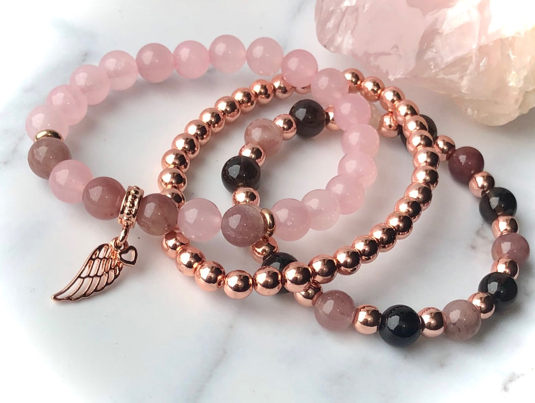 'ANGELIC LOVE'- Rose Gold Charm Bracelet SETS- Rose Gold Hematite, Rose Quartz, Smokey Quartz & Berry Quartz-Stacking Bracelet SET - Choice of Focal Charm