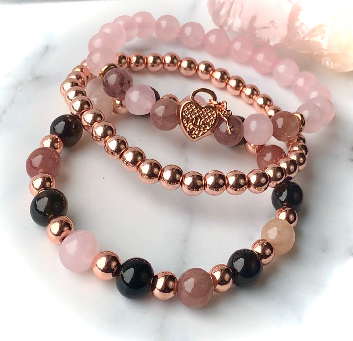 'ANGELIC LOVE'- Rose Gold Charm Bracelet SETS- Rose Gold Hematite, Rose Quartz, Smokey Quartz & Berry Quartz-Stacking Bracelet SET - Choice of Focal Charm