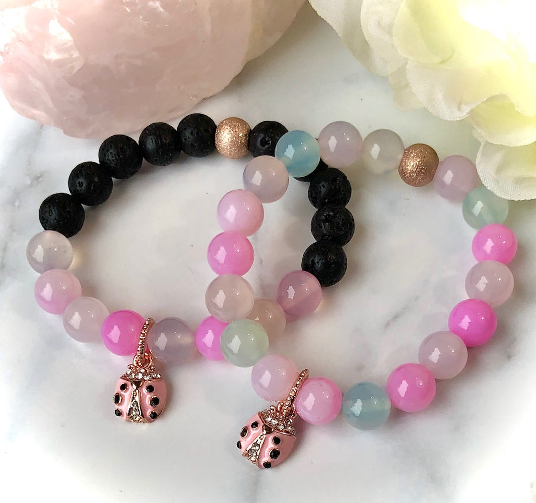 LADYBUG- Kid's Rose Gold Pavé Charm Gemstone Bracelet- Kids' Gemstone Bracelet-Diffuser Bracelet- Choice of Style - Sold Separately or as a SET