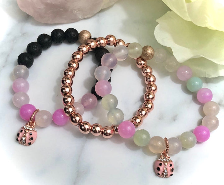 LADYBUG- Kid's Rose Gold Pavé Charm Gemstone Bracelet- Kids' Gemstone Bracelet-Diffuser Bracelet- Choice of Style - Sold Separately or as a SET