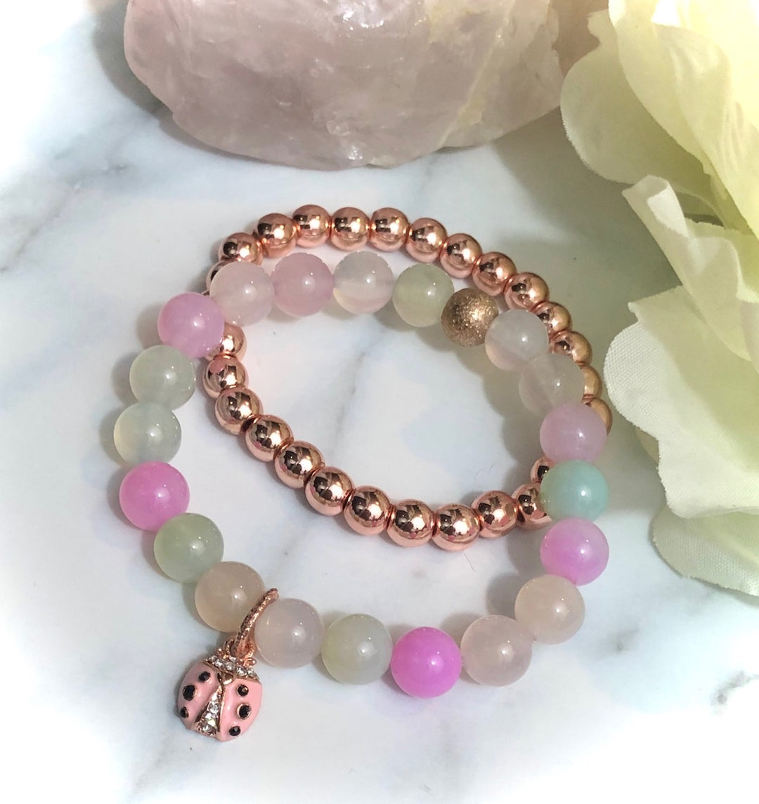 LADYBUG- Kid's Rose Gold Pavé Charm Gemstone Bracelet- Kids' Gemstone Bracelet-Diffuser Bracelet- Choice of Style - Sold Separately or as a SET