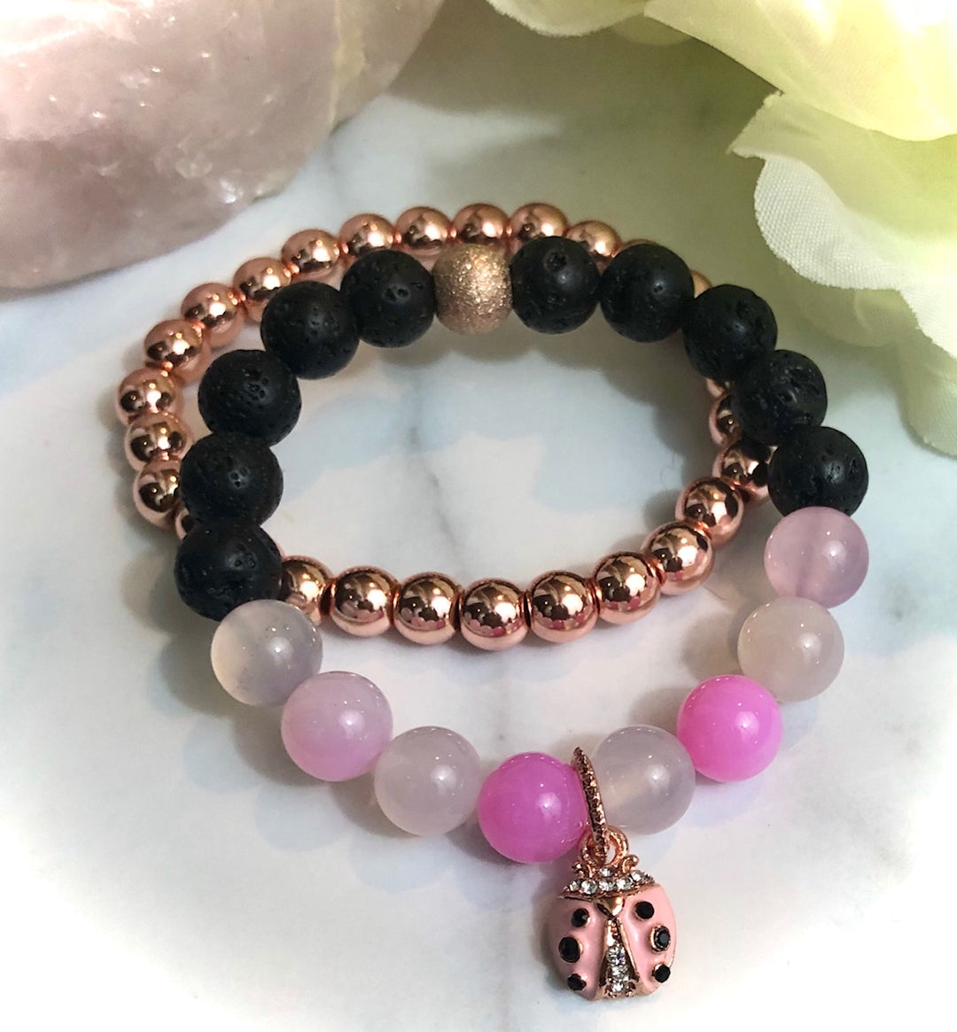 LADYBUG- Kid's Rose Gold Pavé Charm Gemstone Bracelet- Kids' Gemstone Bracelet-Diffuser Bracelet- Choice of Style - Sold Separately or as a SET