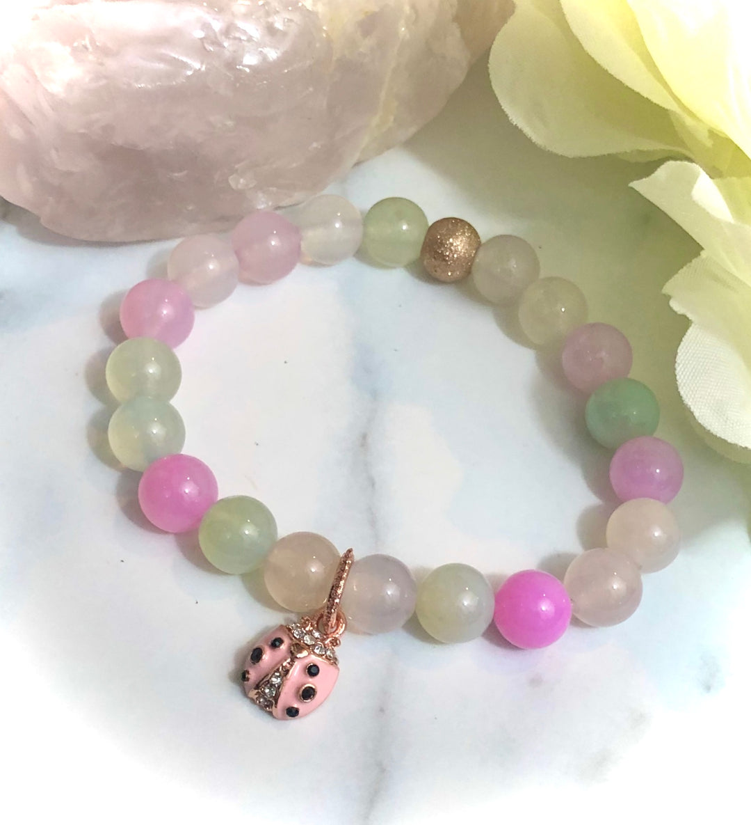 LADYBUG- Kid's Rose Gold Pavé Charm Gemstone Bracelet- Kids' Gemstone Bracelet-Diffuser Bracelet- Choice of Style - Sold Separately or as a SET
