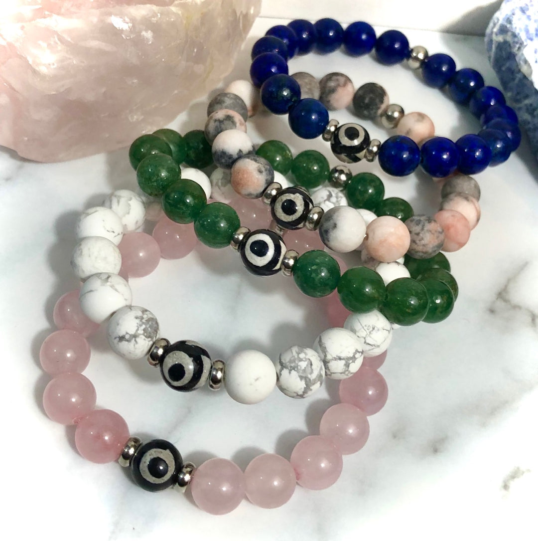 UNISEX KIDS EVIL EYE- Gemstone Bracelets- Gemstone & Stainless Steel - CHOICE of Gemstone