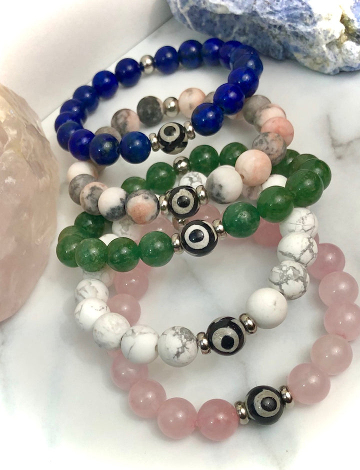 UNISEX KIDS EVIL EYE- Gemstone Bracelets- Gemstone & Stainless Steel - CHOICE of Gemstone