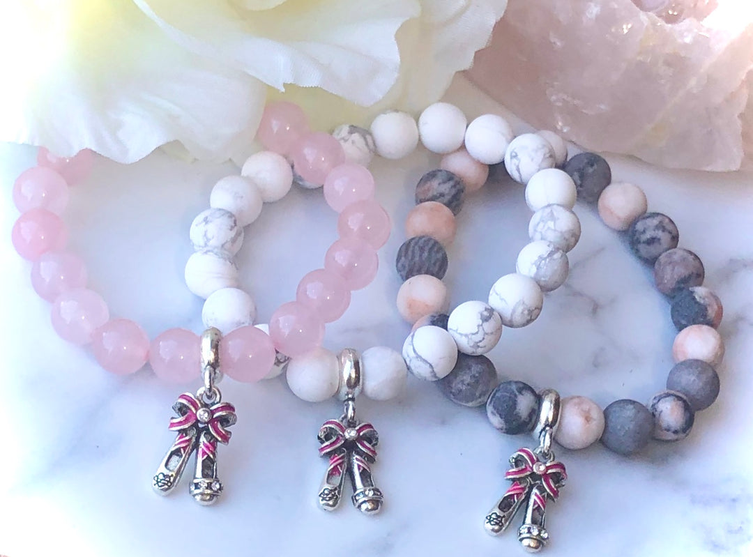 Adult and Kid's - Ballet Slippers - Silver Ballet Charm Gemstone Bracelets- Dancer Bracelet- Choice of Gemstone