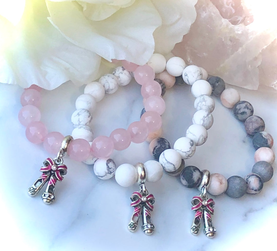 Adult and Kid's - Ballet Slippers - Silver Ballet Charm Gemstone Bracelets- Dancer Bracelet- Choice of Gemstone