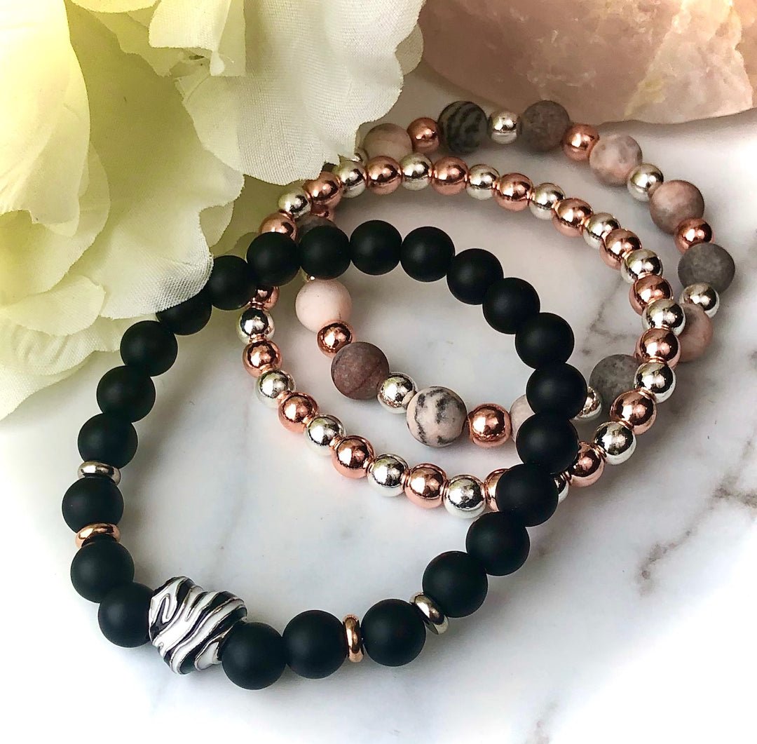'Wild at Heart' - ZEBRA PRINT- Triple Bracelet Stack SET- Silver & Rose Gold - Choice of 3 Style- SET of 3 BRACELETSs