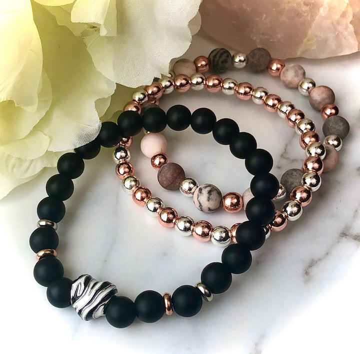 'Wild at Heart' - ZEBRA PRINT- Triple Bracelet Stack SET- Silver & Rose Gold - Choice of 3 Style- SET of 3 BRACELETSs