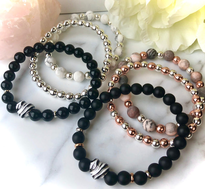 'Wild at Heart' - ZEBRA PRINT- Triple Bracelet Stack SET- Silver & Rose Gold - Choice of 3 Style- SET of 3 BRACELETSs