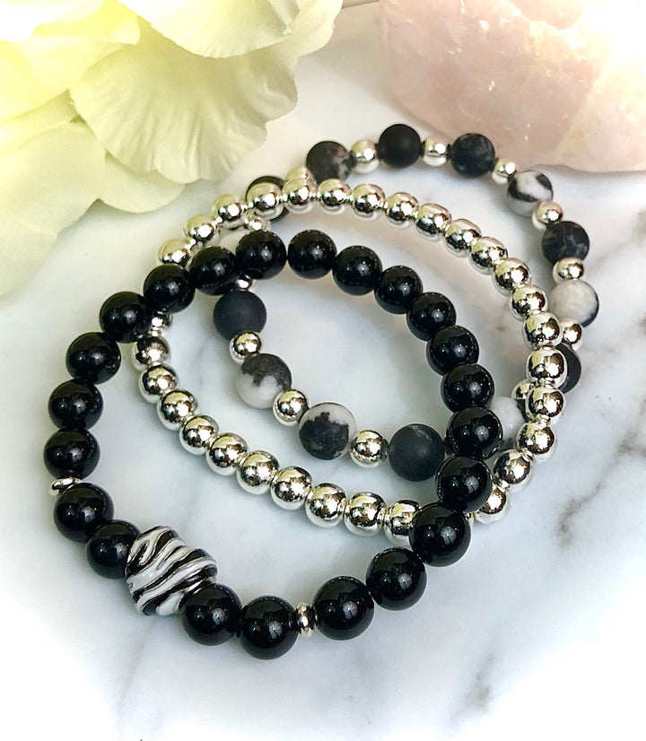 'Wild at Heart' - ZEBRA PRINT- Triple Bracelet Stack SET- Silver & Rose Gold - Choice of 3 Style- SET of 3 BRACELETSs