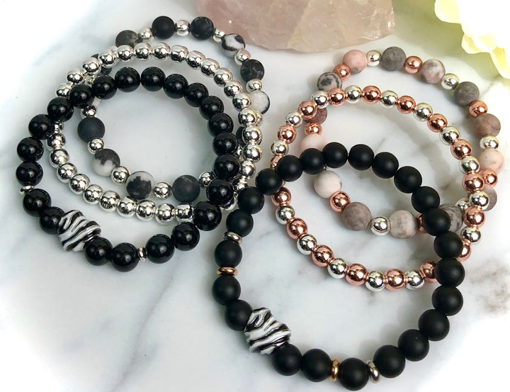 'Wild at Heart' - ZEBRA PRINT- Triple Bracelet Stack SET- Silver & Rose Gold - Choice of 3 Style- SET of 3 BRACELETSs